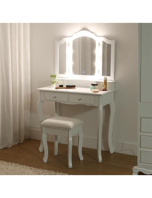 COIFFEUSE AVEC TABOURET ET LUMIÈRES LED BLANCHES MODÈLE PARIS