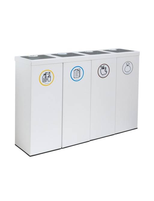 Poubelle de recyclage en métal blanc pour 4 types de déchets. Capacité de 176 litres (Jaune / Bleu / Marron / Gris) Poubelle de recyclage en métal blanc pour 4 types de déchets. Capacité de 176 litres (Jaune / Bleu / Marron / Gris)