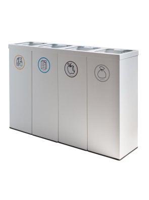 Papelera metálica blanca de reciclaje 4 residuos. Con aro para sujeción de bolsa. Capacidad 176 litros