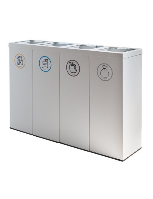 Poubelle de recyclage en métal blanc pour 4 types de déchets. Avec anneau de maintien pour sac. Capacité de 176 litres Poubelle de recyclage en métal blanc pour 4 types de déchets. Avec anneau de maintien pour sac. Capacité de 176 litres