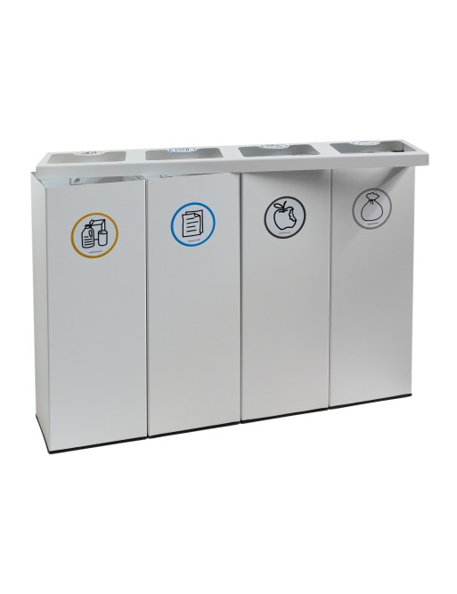 Papelera metálica blanca de reciclaje 4 residuos. Con aro para sujeción de bolsa. Capacidad 176 litros Papelera metálica blanca de reciclaje 4 residuos. Con aro para sujeción de bolsa. Capacidad 176 litros