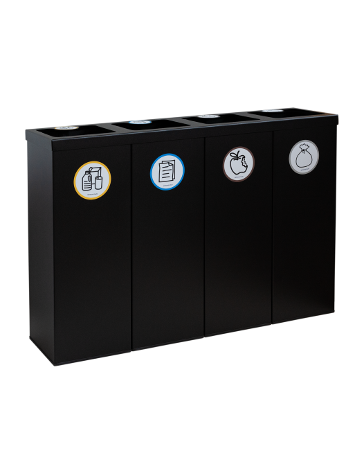 Poubelle de recyclage en métal noir pour 4 types de déchets. Capacité de 176 litres (Jaune / Bleu / Marron / Gris)