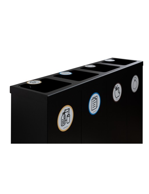 Black Metal Recycling Bin for 4 Types of Waste. With Bag Holder Ring. 176-Liter Capacity Black Metal Recycling Bin for 4 Types of Waste. With Bag Holder Ring. 176-Liter Capacity