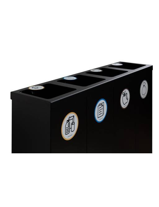 Papelera metálica negra de reciclaje 4 residuos. Con aro para sujeción de bolsa. Capacidad 176 litros