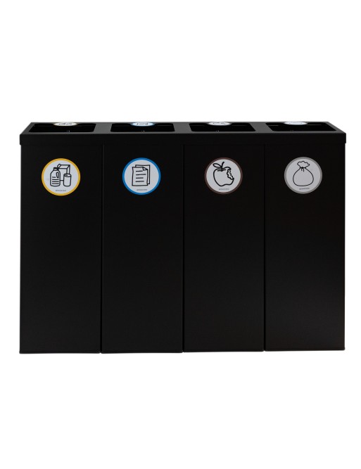 Black Metal Recycling Bin for 4 Types of Waste. With Bag Holder Ring. 176-Liter Capacity Black Metal Recycling Bin for 4 Types of Waste. With Bag Holder Ring. 176-Liter Capacity