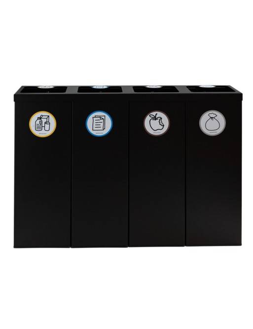Papelera metálica negra de reciclaje 4 residuos. Con aro para sujeción de bolsa. Capacidad 176 litros