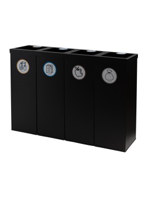Black Metal Recycling Bin for 4 Types of Waste. With Bag Holder Ring. 176-Liter Capacity