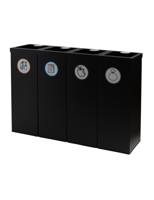 Black Metal Recycling Bin for 4 Types of Waste. With Bag Holder Ring. 176-Liter Capacity Black Metal Recycling Bin for 4 Types of Waste. With Bag Holder Ring. 176-Liter Capacity