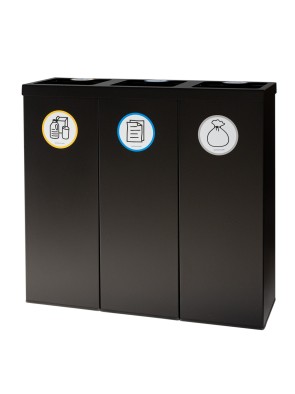 Papelera metálica negra de reciclaje 3 residuos. Con aro para sujeción de bolsa. Capacidad 132 litros (Amarillo / Azul / Gris)