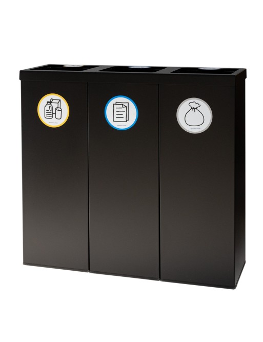 Schwarzer Metall-Recycling-Tonne für 3 Abfallarten. Mit Haltering für Müllbeutel. 132-Liter-Kapazität (Gelb/Blau/Braun) Schwarzer Metall-Recycling-Tonne für 3 Abfallarten. Mit Haltering für Müllbeutel. 132-Liter-Kapazität (Gelb/Blau/Braun)