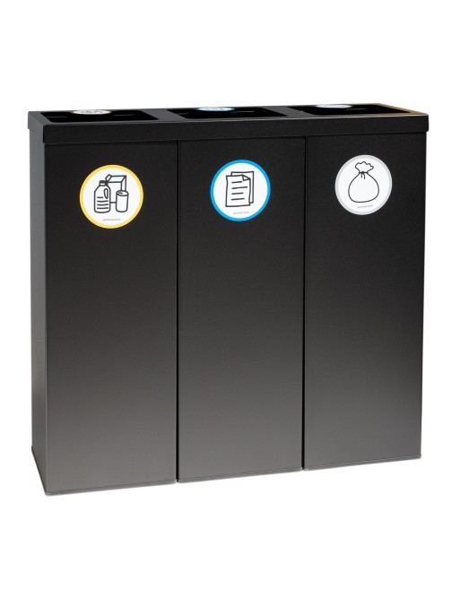 Papelera metálica negra de reciclaje 3 residuos. Con aro para sujeción de bolsa. Capacidad 132 litros (Amarillo / Azul / Gris)