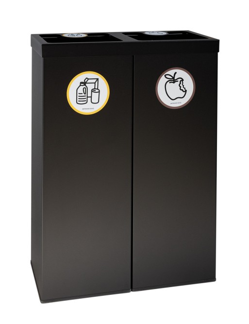 Schwarzer Metall-Recycling-Tonne für 2 Abfallarten. Mit Haltering für Müllbeutel. 88-Liter-Kapazität (5 Recyclingaufkleber) Schwarzer Metall-Recycling-Tonne für 2 Abfallarten. Mit Haltering für Müllbeutel. 88-Liter-Kapazität (5 Recyclingaufkleber)