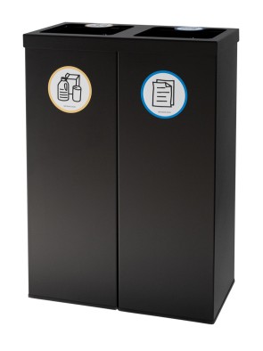 Papelera metálica negra de reciclaje 2 residuos. Con aro para sujeción de bolsa. Capacidad 88 litros (5 adhesivos de reciclaje)