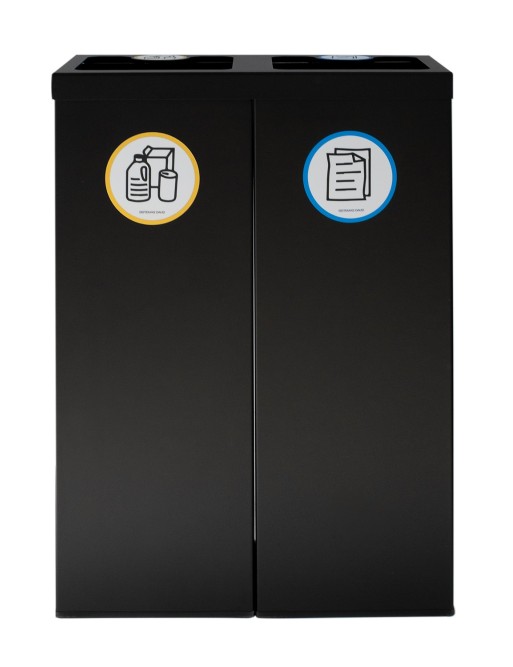 Papelera metálica negra de reciclaje 2 residuos. Con aro para sujeción de bolsa. Capacidad 88 litros (5 adhesivos de reciclaje)