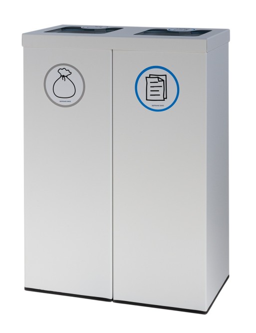 White Metal Recycling Bin for 2 Types of Waste. With Bag Holder Ring. 88-Liter Capacity (5 recycling stickers)