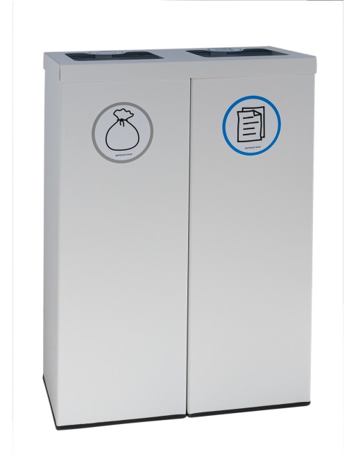 Poubelle de recyclage en métal blanc pour 2 types de déchets. Avec anneau de maintien pour sac. Capacité de 88L. (5 modèles) Poubelle de recyclage en métal blanc pour 2 types de déchets. Avec anneau de maintien pour sac. Capacité de 88L. (5 modèles)