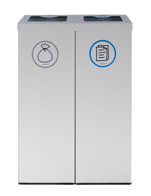 Poubelle de recyclage en métal blanc pour 2 types de déchets. Avec anneau de maintien pour sac. Capacité de 88L. (5 modèles) Poubelle de recyclage en métal blanc pour 2 types de déchets. Avec anneau de maintien pour sac. Capacité de 88L. (5 modèles)