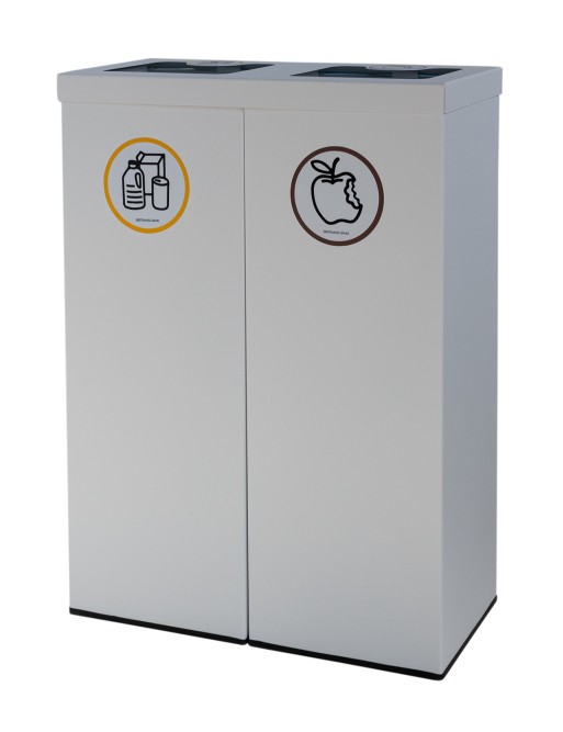 White Metal Recycling Bin for 2 Types of Waste. With Bag Holder Ring. 88-Liter Capacity (5 recycling stickers)