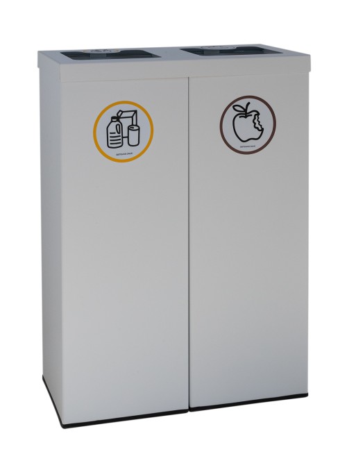 Papelera metálica blanca de reciclaje 2 residuos. Con aro para sujeción de bolsa. Capacidad 88 litros (5 adhesivos reciclaje)
