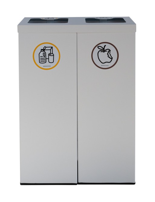 Papelera metálica blanca de reciclaje 2 residuos. Con aro para sujeción de bolsa. Capacidad 88 litros (5 adhesivos reciclaje)
