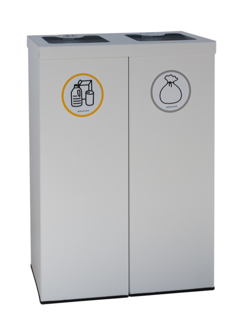 White Metal Recycling Bin for 2 Types of Waste. With Bag Holder Ring. 88-Liter Capacity (5 recycling stickers)