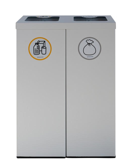 White Metal Recycling Bin for 2 Types of Waste. With Bag Holder Ring. 88-Liter Capacity (5 recycling stickers)