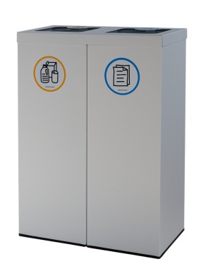 White Metal Recycling Bin for 2 Types of Waste. With Bag Holder Ring. 88-Liter Capacity (5 recycling stickers)