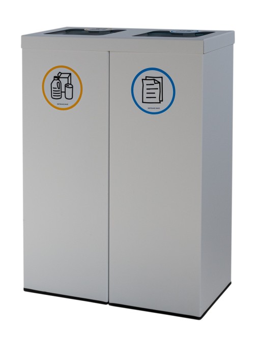 White Metal Recycling Bin for 2 Types of Waste. With Bag Holder Ring. 88-Liter Capacity (5 recycling stickers)