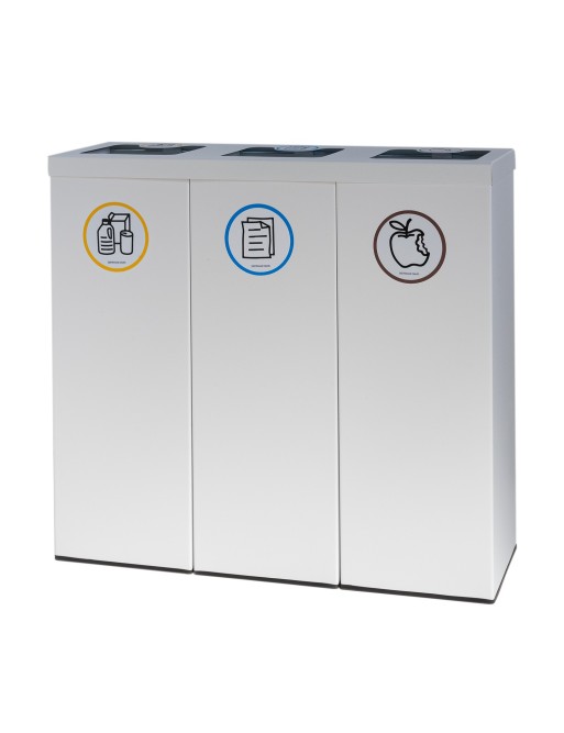 Papelera metálica blanca de reciclaje 3 residuos. Con aro para sujeción de bolsa. Capacidad 132 litros (5 adhesivos reciclaje) Papelera metálica blanca de reciclaje 3 residuos. Con aro para sujeción de bolsa. Capacidad 132 litros (5 adhesivos reciclaje)