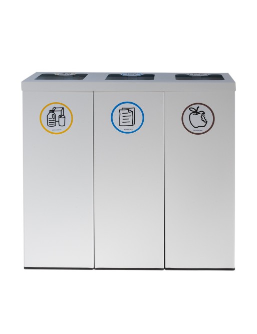 Poubelle de recyclage en métal blanc pour 3 types de déchets. Avec anneau de maintien pour sac. Capacité de 132 litres Poubelle de recyclage en métal blanc pour 3 types de déchets. Avec anneau de maintien pour sac. Capacité de 132 litres