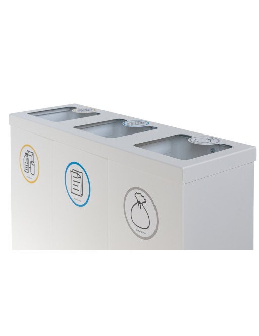 Poubelle de recyclage en métal blanc pour 3 types de déchets. Avec anneau de maintien pour sac. Capacité de 132 litres Poubelle de recyclage en métal blanc pour 3 types de déchets. Avec anneau de maintien pour sac. Capacité de 132 litres