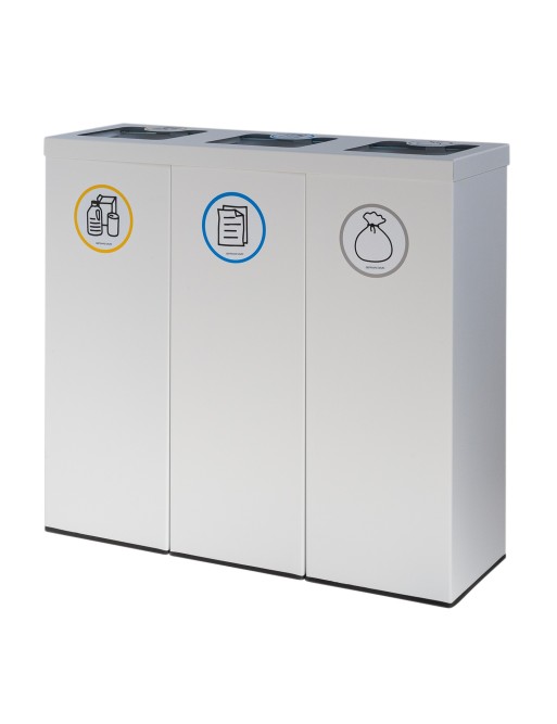 Poubelle de recyclage en métal blanc pour 3 types de déchets. Avec anneau de maintien pour sac. Capacité de 132 litres Poubelle de recyclage en métal blanc pour 3 types de déchets. Avec anneau de maintien pour sac. Capacité de 132 litres