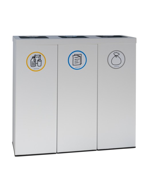 Papelera metálica blanca de reciclaje 3 residuos. Con aro para sujeción de bolsa. Capacidad 132 litros (5 adhesivos reciclaje) Papelera metálica blanca de reciclaje 3 residuos. Con aro para sujeción de bolsa. Capacidad 132 litros (5 adhesivos reciclaje)