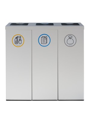 Poubelle de recyclage en métal blanc pour 3 types de déchets. Avec anneau de maintien pour sac. Capacité de 132 litres