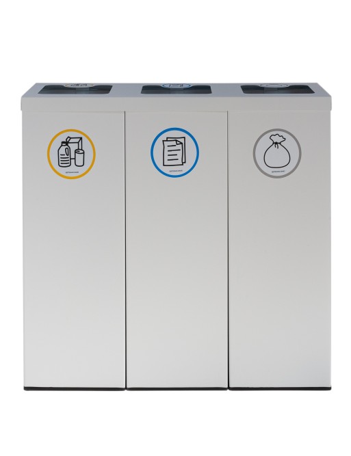 Poubelle de recyclage en métal blanc pour 3 types de déchets. Avec anneau de maintien pour sac. Capacité de 132 litres Poubelle de recyclage en métal blanc pour 3 types de déchets. Avec anneau de maintien pour sac. Capacité de 132 litres