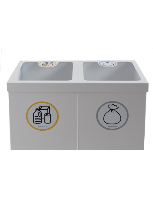 Papelera metálica blanca de reciclaje 2 residuos. Capacidad 88 litros (5 adhesivos reciclaje)