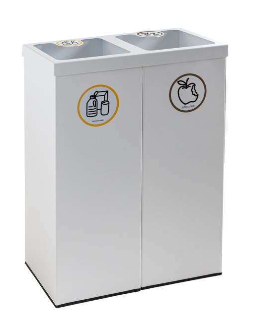 Papelera metálica blanca de reciclaje 2 residuos. Capacidad 88 litros (5 adhesivos reciclaje)