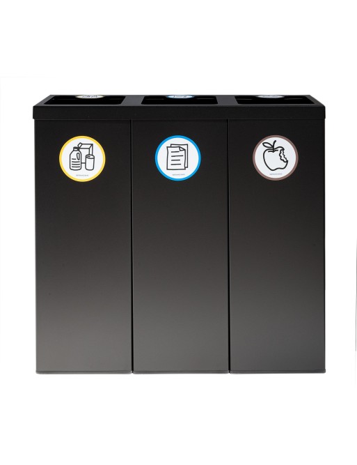 Poubelle de recyclage en métal noir pour 3 types de déchets. Avec anneau de maintien pour sac. Capacité de 132 litres (Ja/Bl/Br) Poubelle de recyclage en métal noir pour 3 types de déchets. Avec anneau de maintien pour sac. Capacité de 132 litres (Ja/Bl/Br)