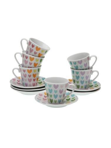 LOT DE 6 TASSES À CAFÉ AVEC SOUCOUPE MODÈLE MULTI CŒURS