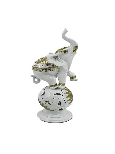 FIGURA ELEFANTE DE RESINA 25,5 CM MODELO HINDÚ BLANCO Y DORADO