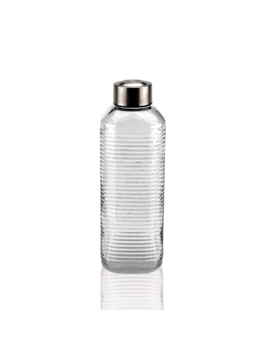 BOTELLA DE VIDRIO TRANSPARENTE LÍNEAS CON TAPA DE ACERO 1000ML
