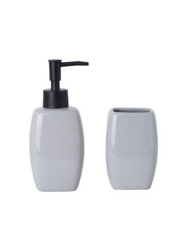 SET DE DISPENSADOR DE JABON Y PORTACEPILLOS MODELO CERAMICA GRIS