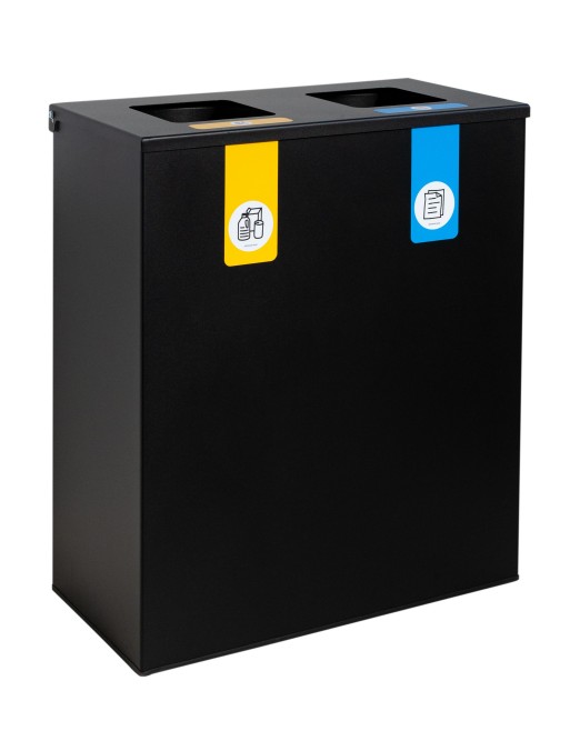 Papelera de reciclaje metálica negra con tapa abatible y 2 compartimentos de 35L – 70 litros de capacidad total Papelera de reciclaje metálica negra con tapa abatible y 2 compartimentos de 35L – 70 litros de capacidad total