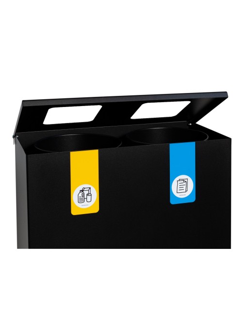 Black metal recycling bin with flip lid and 2 compartments of 35L – Total capacity of 70 litres