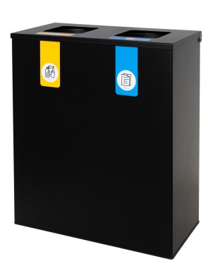Poubelle de recyclage métallique noire avec couvercle rabattable et 2 compartiments de 35 L – Capacité totale de 70 litres