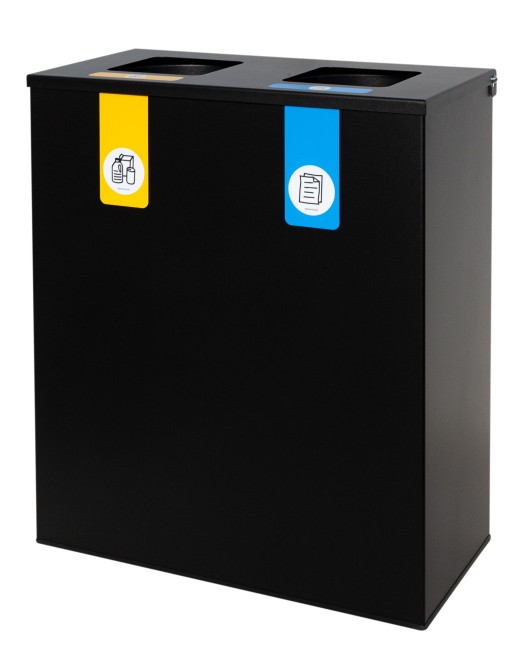 Schwarzer Metall-Recyclingbehälter mit Klappdeckel und 2 Fächern à 35 L – Gesamtkapazität 70 Liter Schwarzer Metall-Recyclingbehälter mit Klappdeckel und 2 Fächern à 35 L – Gesamtkapazität 70 Liter