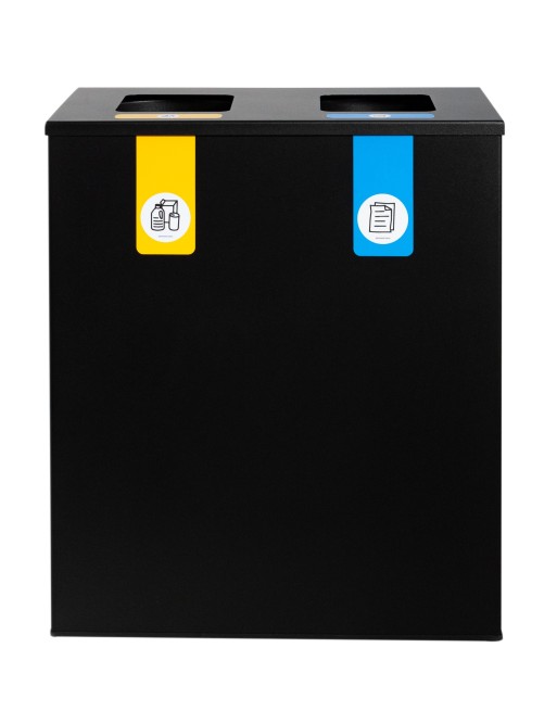 Papelera de reciclaje metálica negra con tapa abatible y 2 compartimentos de 35L – 70 litros de capacidad total Papelera de reciclaje metálica negra con tapa abatible y 2 compartimentos de 35L – 70 litros de capacidad total