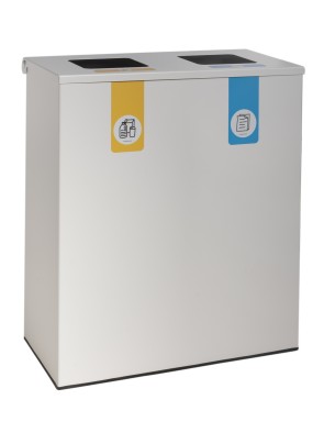 Poubelle de recyclage métallique blanche avec couvercle rabattable et 2 compartiments de 35 L – Capacité totale de 70 litres