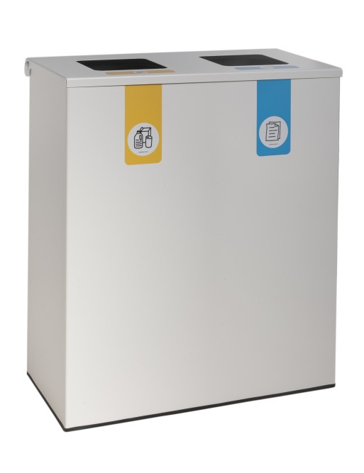 Papelera de reciclaje metálica blanca con tapa abatible y 2 compartimentos de 35L – 70 litros de capacidad total Papelera de reciclaje metálica blanca con tapa abatible y 2 compartimentos de 35L – 70 litros de capacidad total