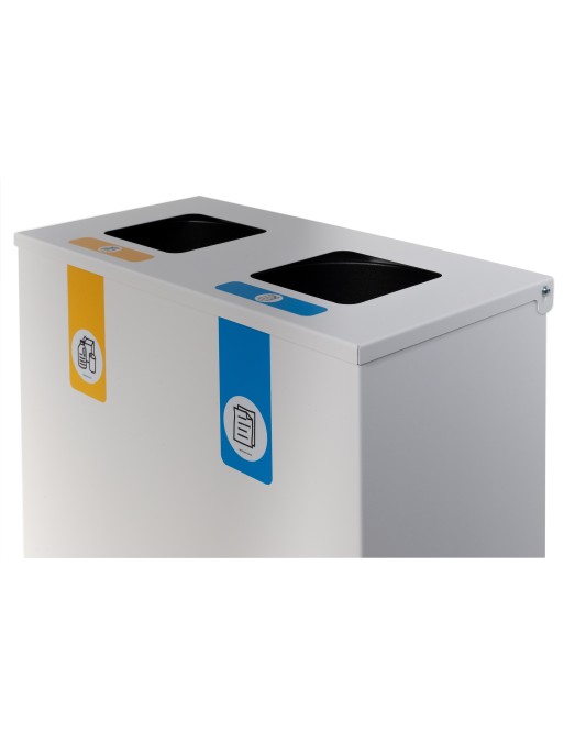 Poubelle de recyclage métallique blanche avec couvercle rabattable et 2 compartiments de 35 L – Capacité totale de 70 litres Poubelle de recyclage métallique blanche avec couvercle rabattable et 2 compartiments de 35 L – Capacité totale de 70 litres